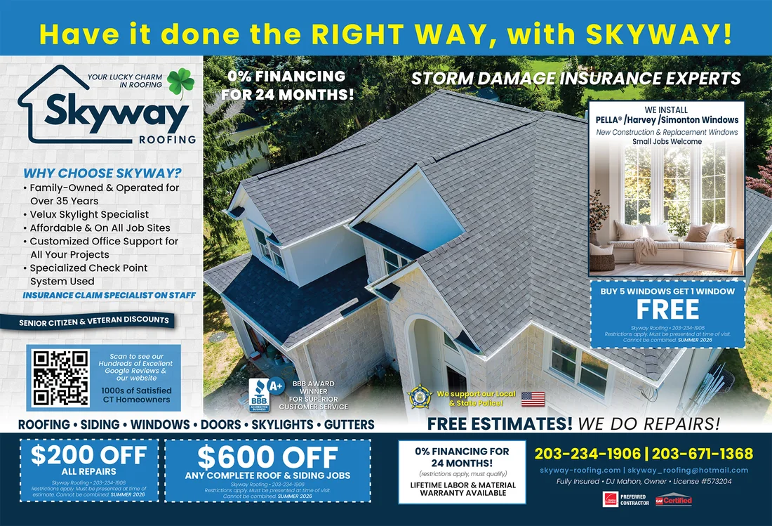 Skyway Roofing two-page magazine spread ad